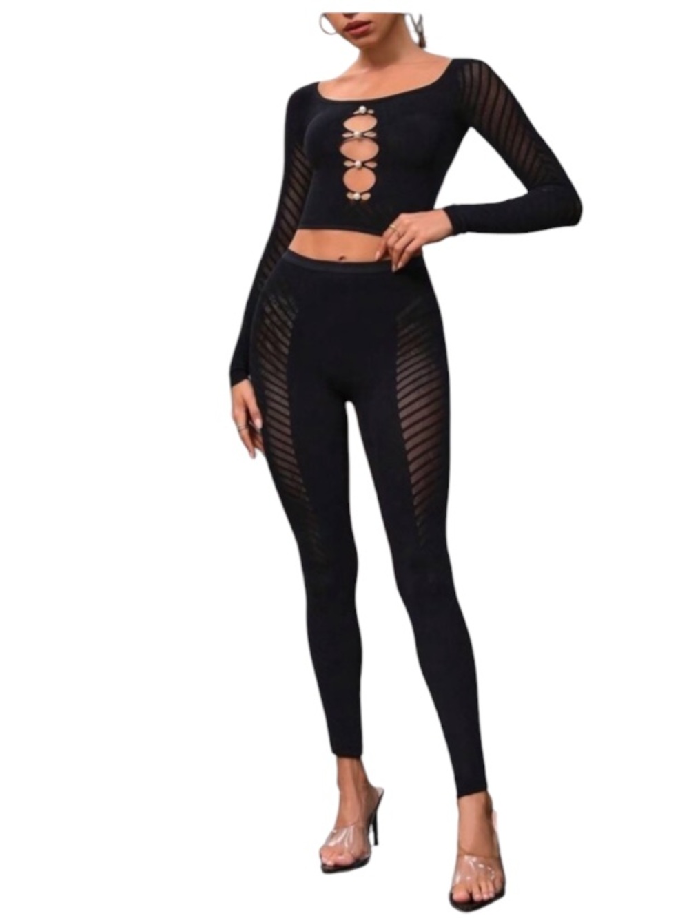 SHEIN Unity Women'S Mesh Spliced Long Sleeve Cropped Top And Pants Set